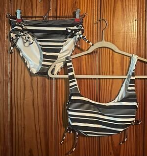Aerie Women’s Two Piece Swimsuit navy/white striped side ties size small